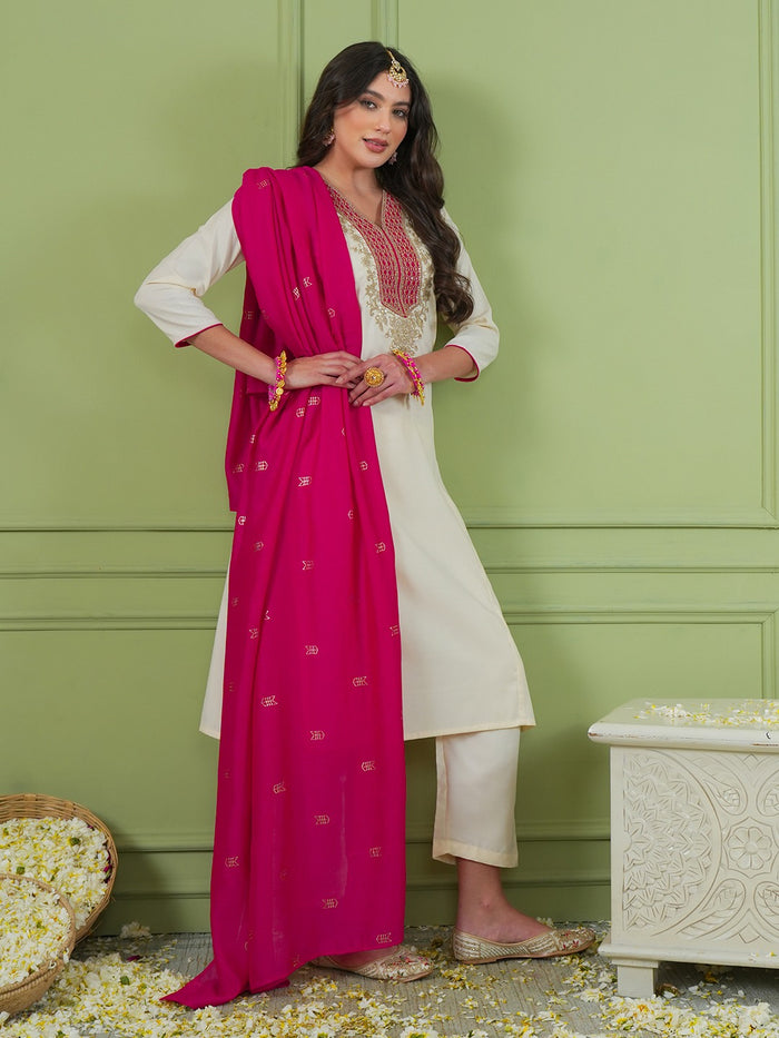 Off White Simmer Vichitra Silk 3-Piece Suit Set