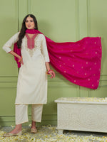 Off White Simmer Vichitra Silk 3-Piece Suit Set