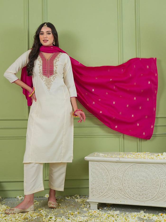 Off White Simmer Vichitra Silk 3-Piece Suit Set