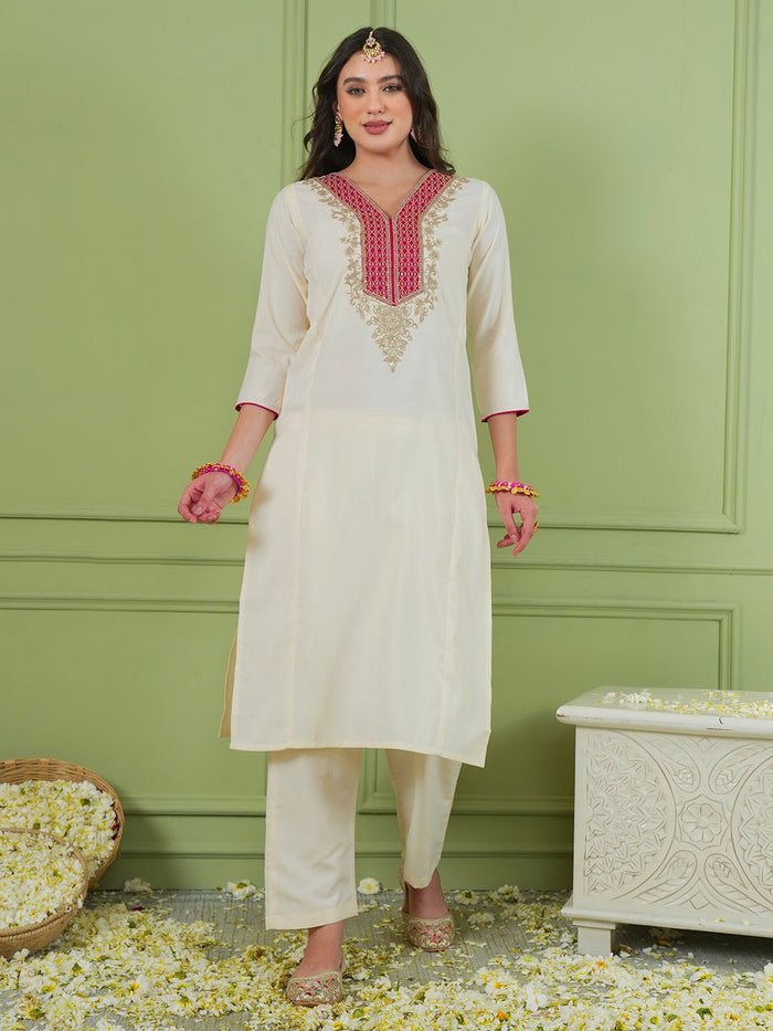 Off White Simmer Vichitra Silk 3-Piece Suit Set