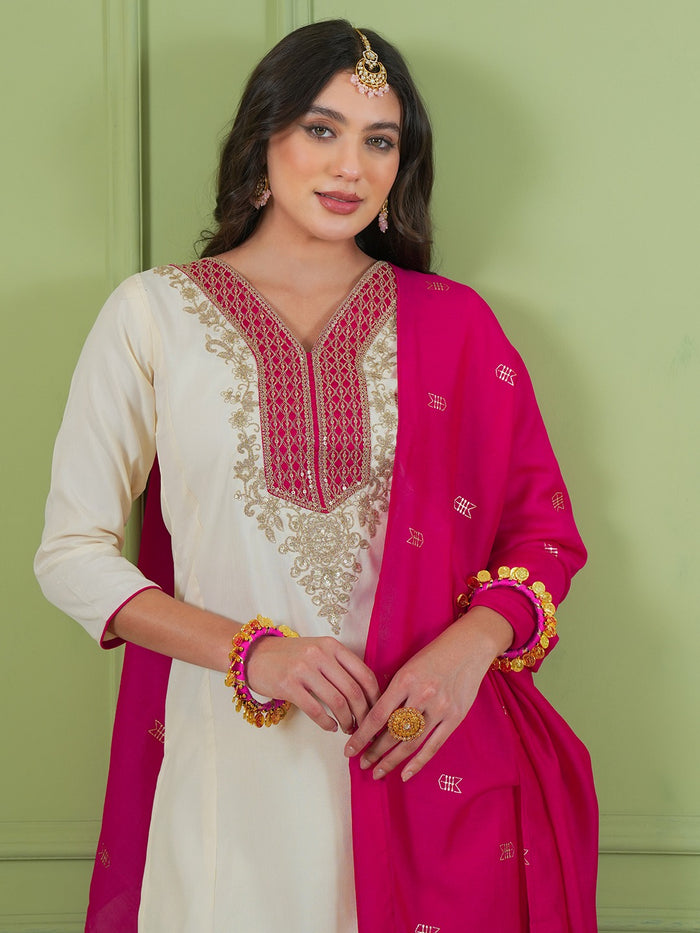 Off White Simmer Vichitra Silk 3-Piece Suit Set