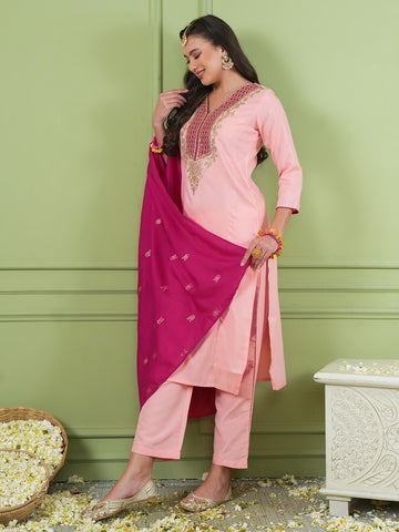 Pink Simmer Vichitra Silk 3-Piece Suit Set