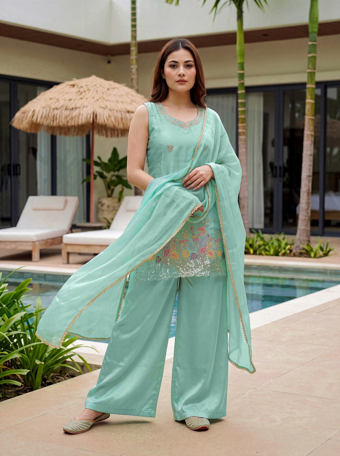 Sky Blue Embroidered French Crepe Suit Set