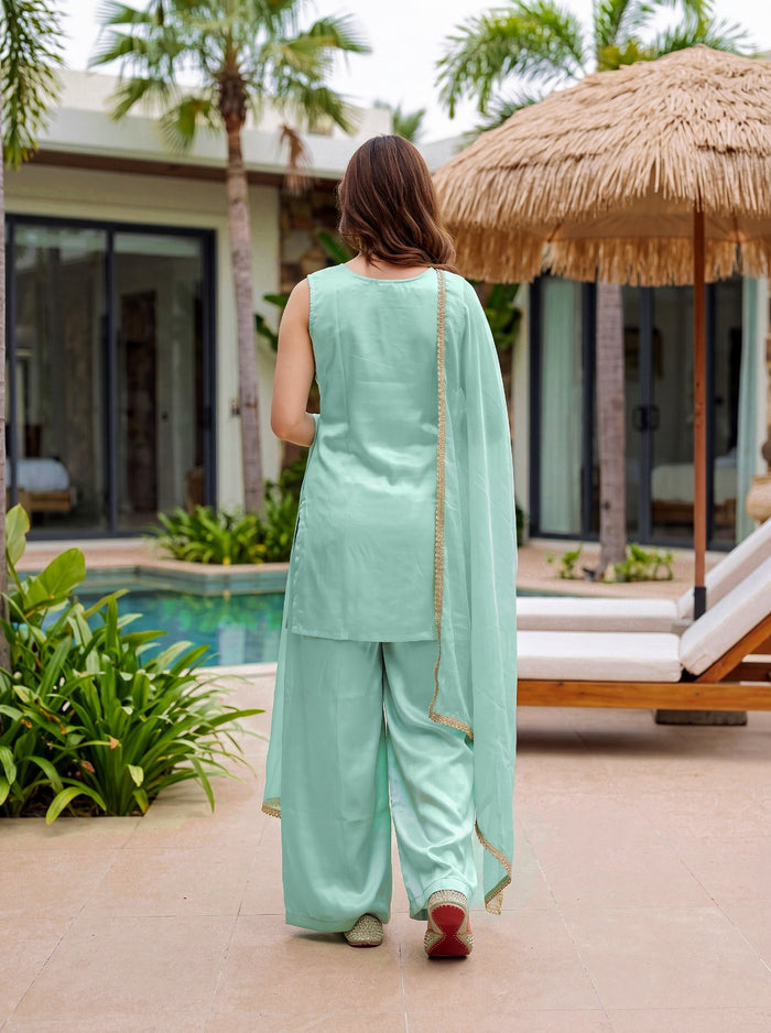 Sky Blue Embroidered French Crepe Suit Set