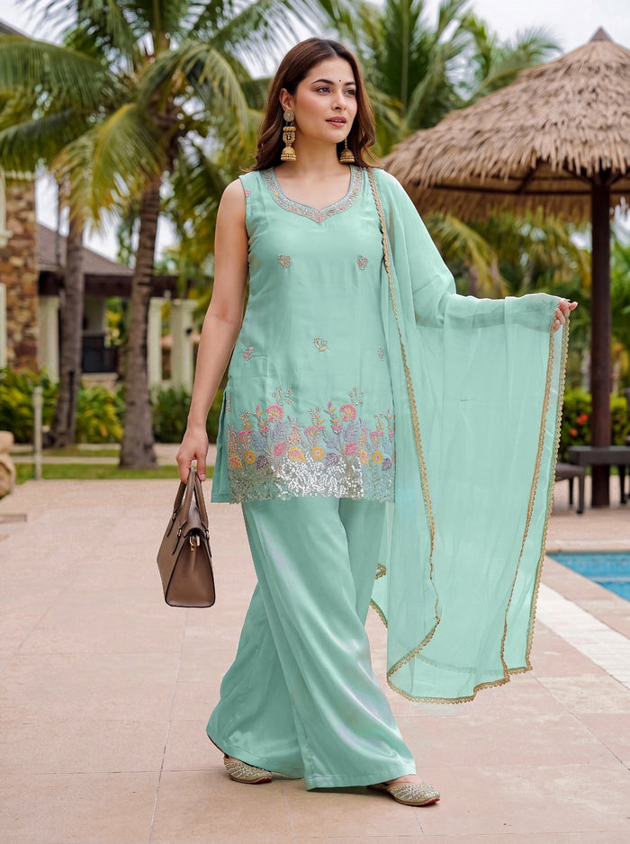 Sky Blue Embroidered French Crepe Suit Set