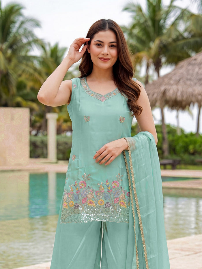 Sky Blue Embroidered French Crepe Suit Set