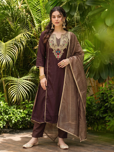 Brown Viscose Jacquard Kurta Set