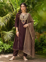 Brown Viscose Jacquard Kurta Set