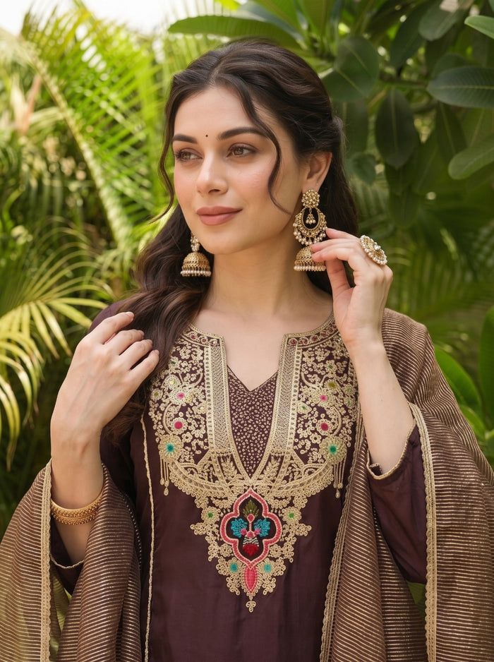 Brown Viscose Jacquard Kurta Set