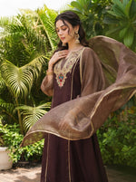 Brown Viscose Jacquard Kurta Set