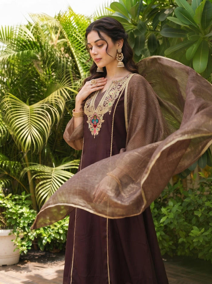 Brown Viscose Jacquard Kurta Set