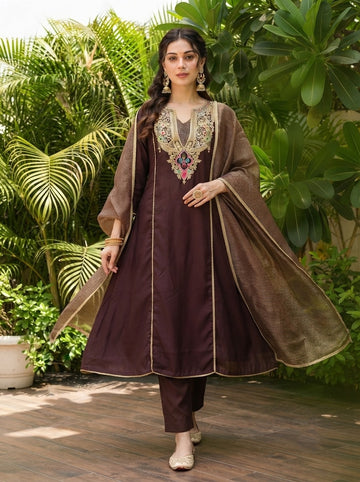 Brown Viscose Jacquard Kurta Set