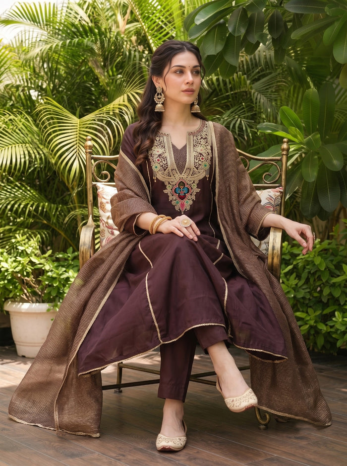 Brown Viscose Jacquard Kurta Set