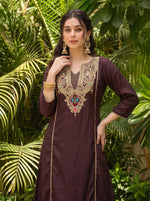 Brown Viscose Jacquard Kurta Set