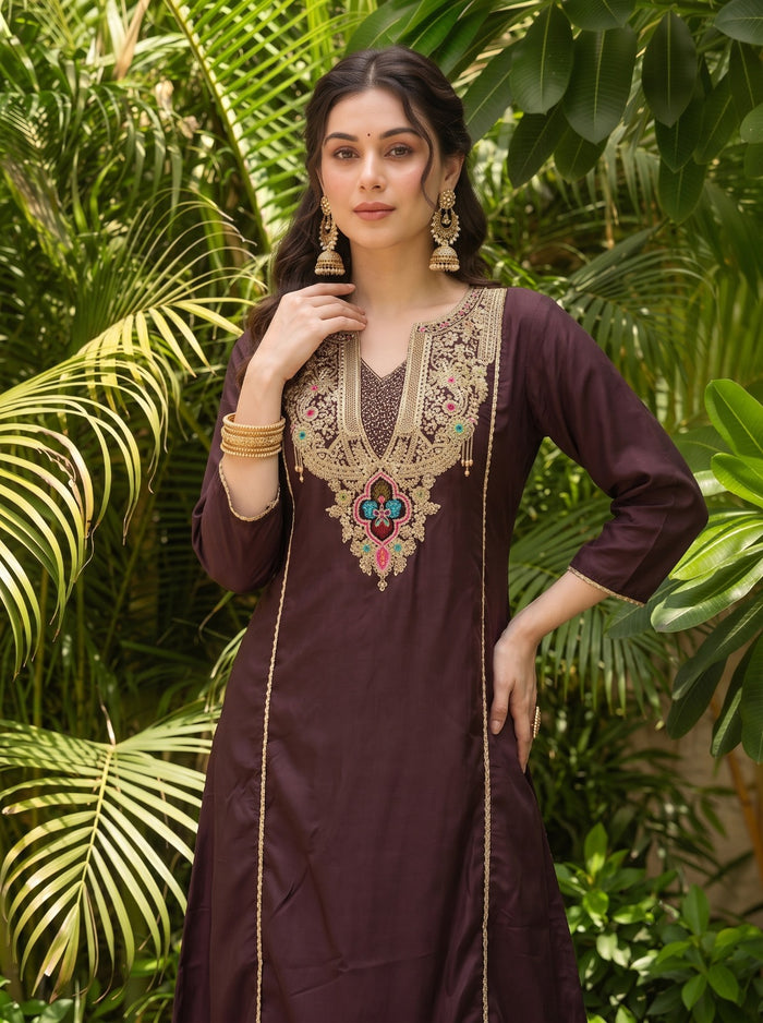 Brown Viscose Jacquard Kurta Set