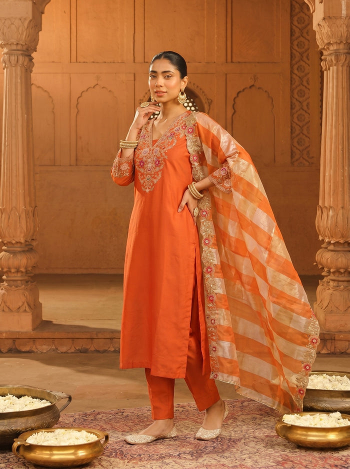 Orange Silk Blend Kurta Set