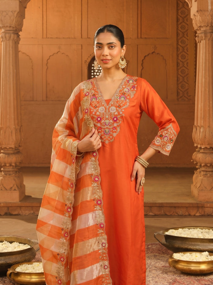 Orange Silk Blend Kurta Set