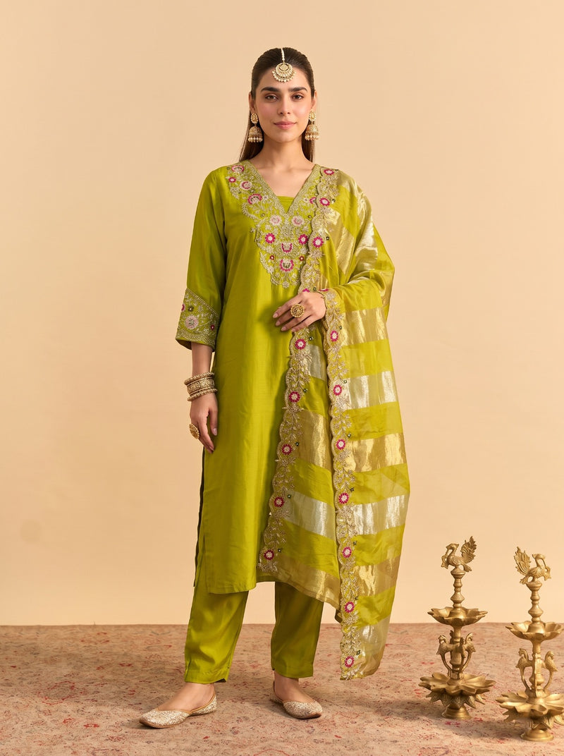 Parrot Green Silk Blend Kurta Set