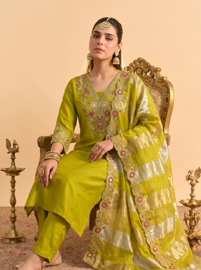 Parrot Green Silk Blend Kurta Set