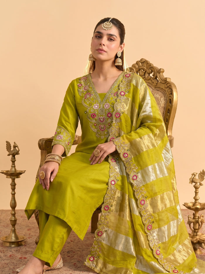 Parrot Green Silk Blend Kurta Set