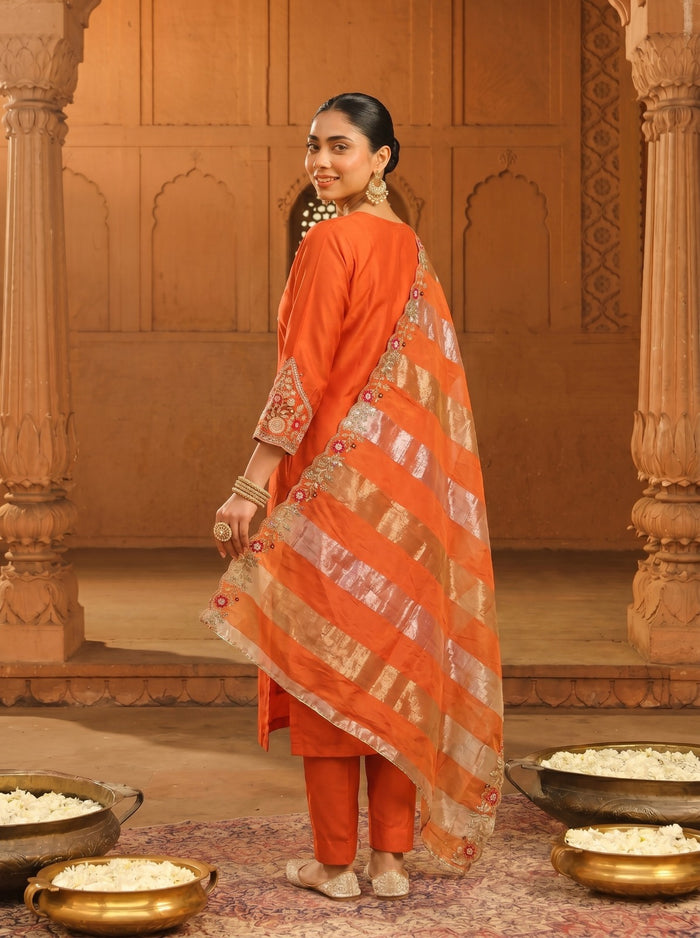 Orange Silk Blend Kurta Set