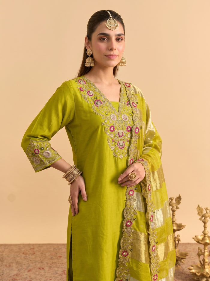 Parrot Green Silk Blend Kurta Set