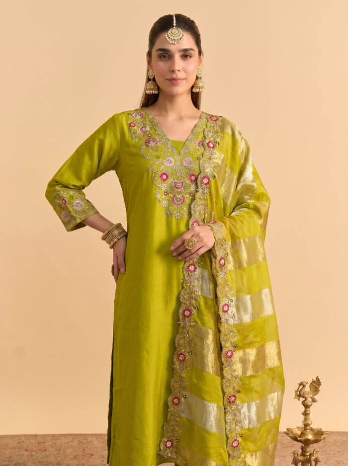 Parrot Green Silk Blend Kurta Set