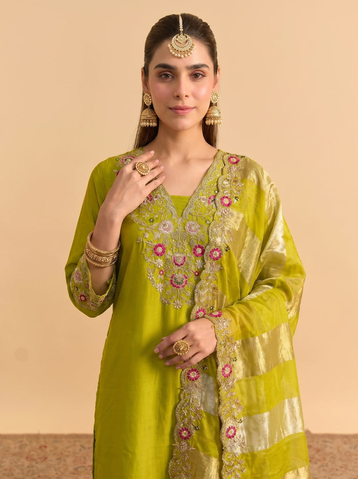 Parrot Green Silk Blend Kurta Set