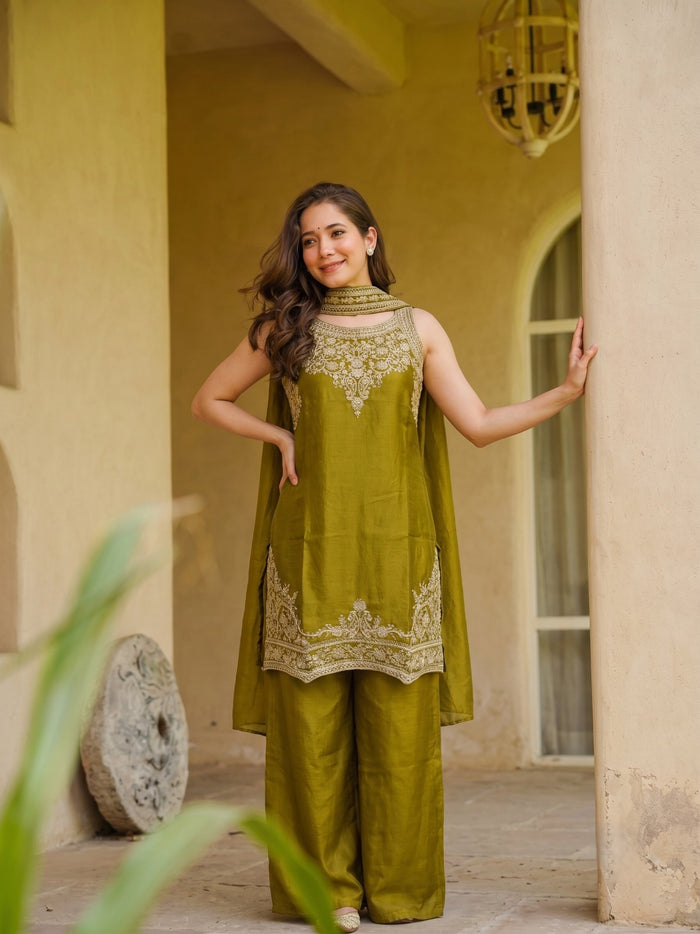 Olive Green Fandy Kurta Set