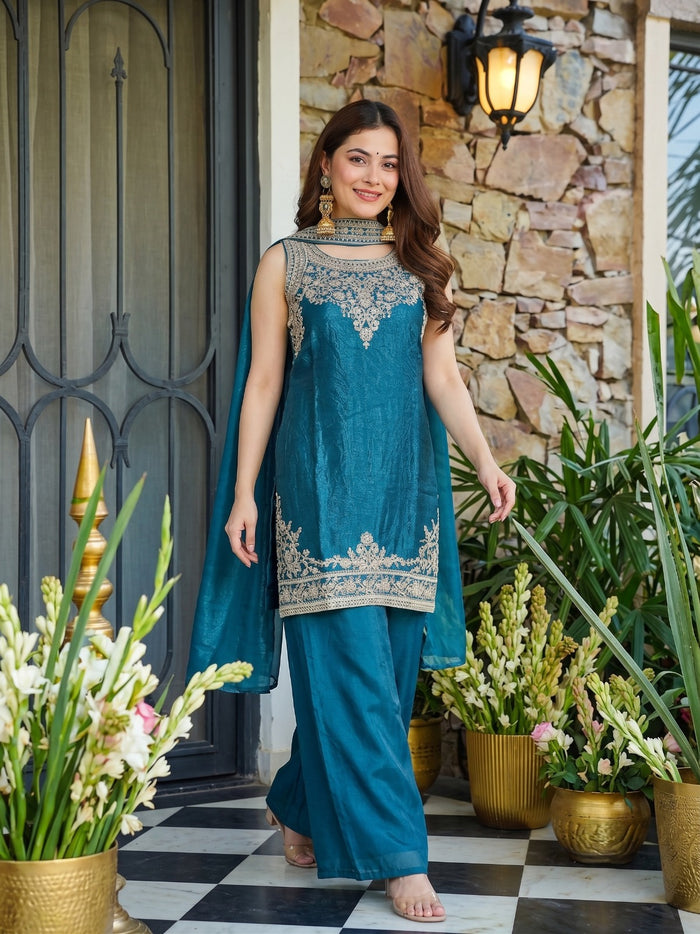Teal Blue Fandy Kurta Set