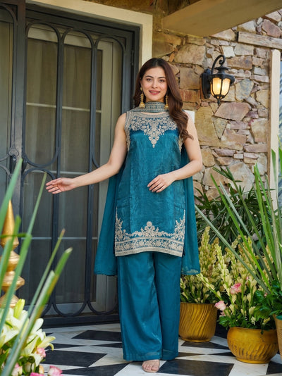 Teal Blue Fandy Kurta Set
