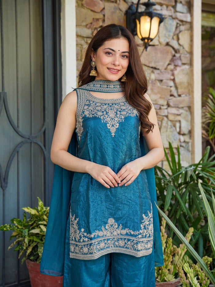 Teal Blue Fandy Kurta Set