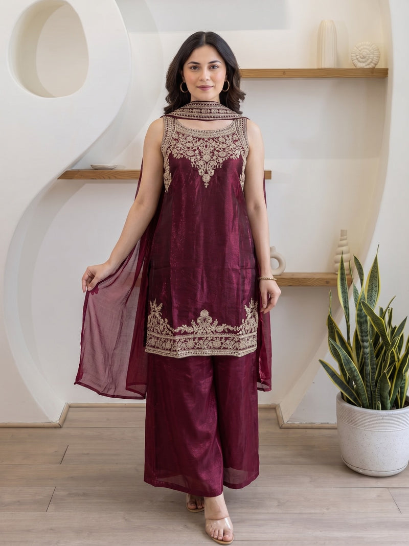 Maroon Fandy Silk Kurta Set