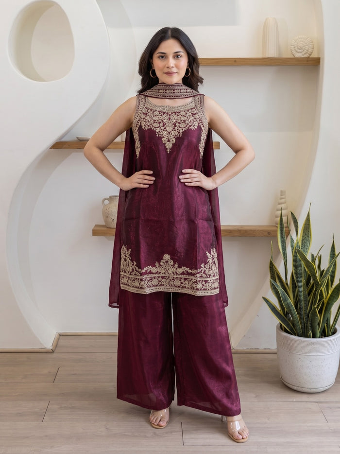 Maroon Fandy Silk Kurta Set
