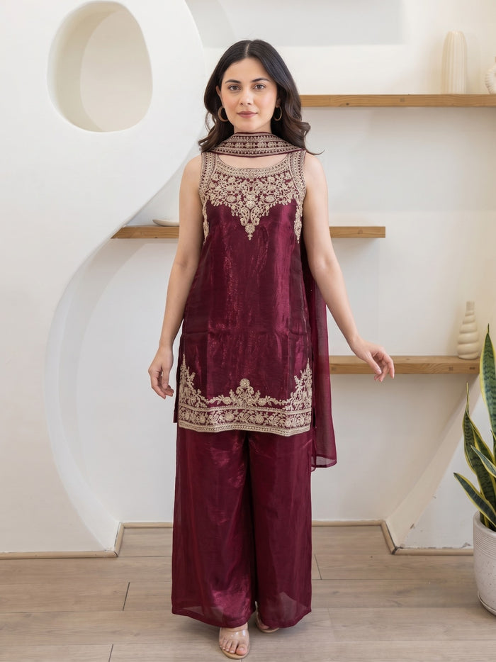 Maroon Fandy Silk Kurta Set