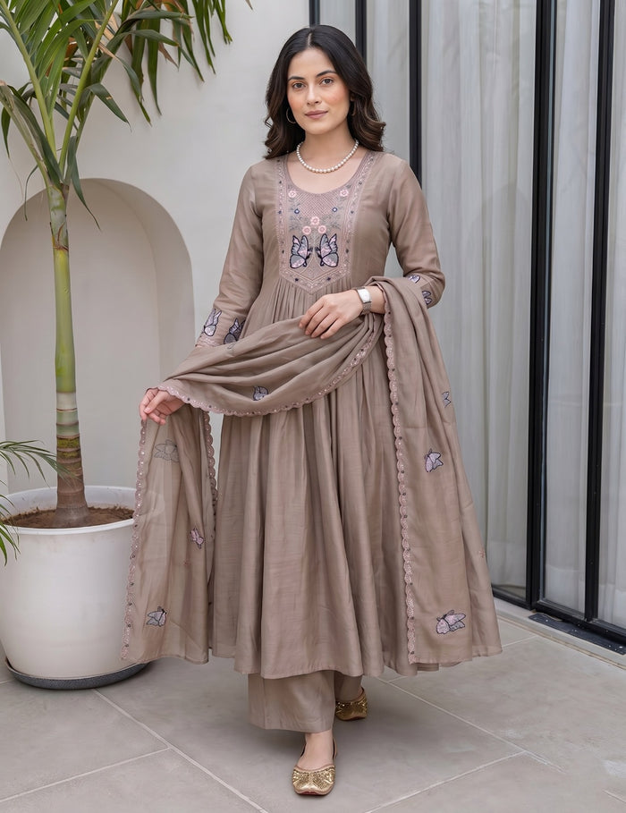 Chiku Vichitra Silk Embroidered Kurta Set