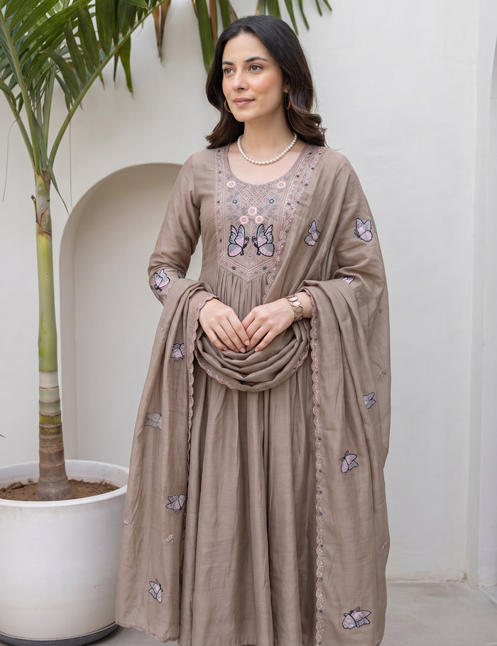 Chiku Vichitra Silk Embroidered Kurta Set