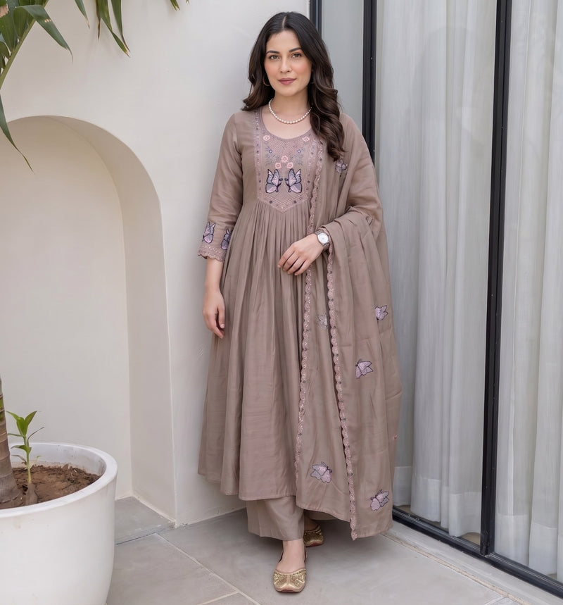 Chiku Vichitra Silk Embroidered Kurta Set
