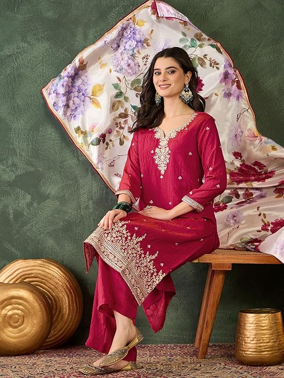 Pink Silk Embroidered Kurta Set