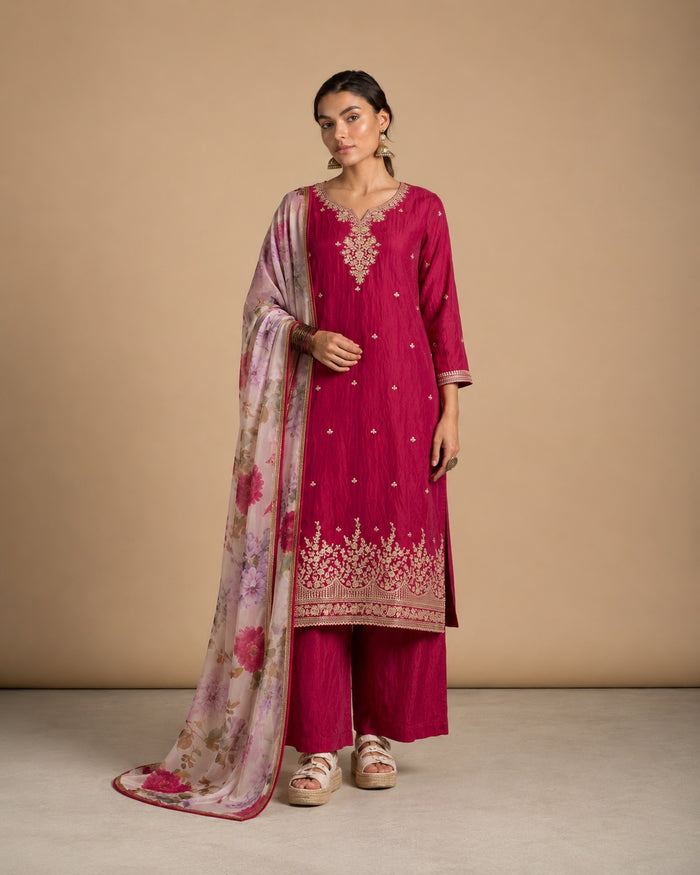 Pink Silk Embroidered Kurta Set