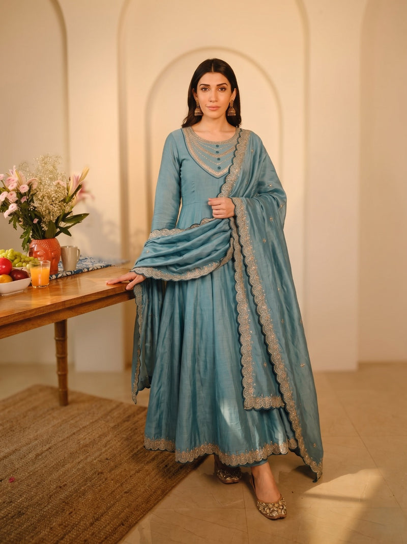Sky Blue Vichitra Silk Suit Set
