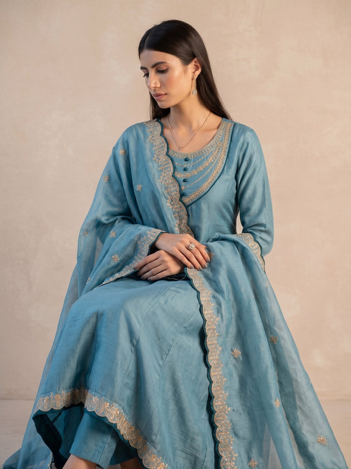 Sky Blue Vichitra Silk Suit Set