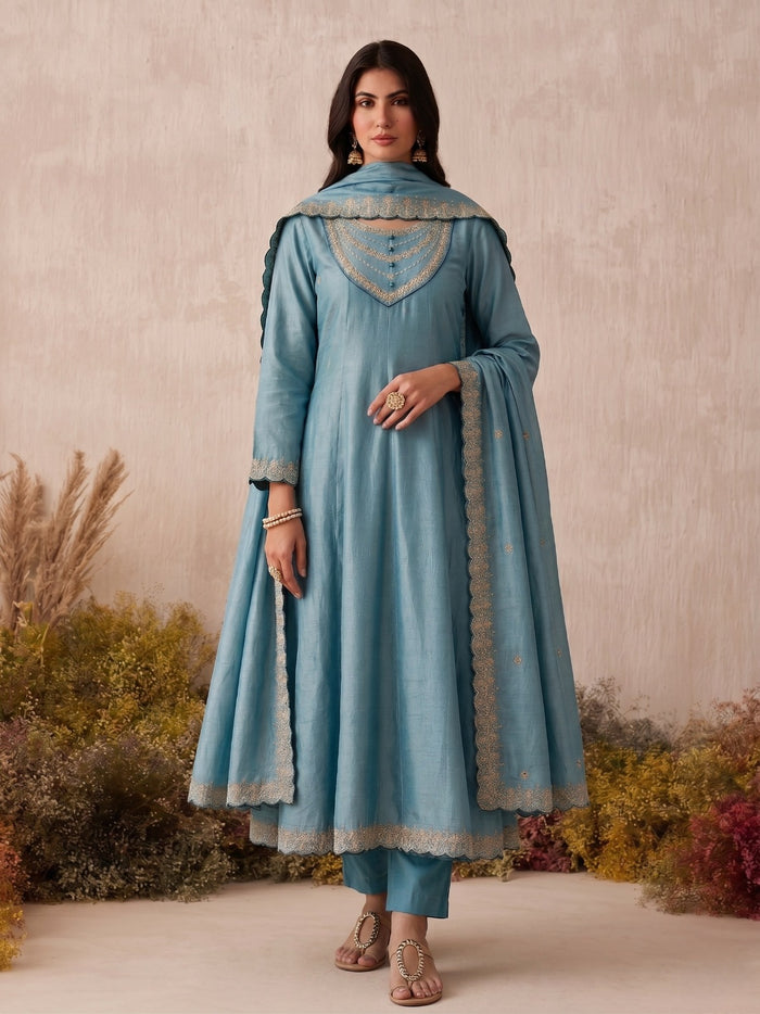 Sky Blue Vichitra Silk Suit Set