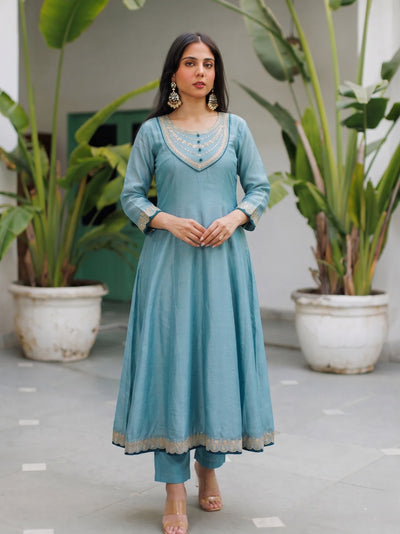 Sky Blue Vichitra Silk Suit Set