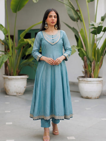Sky Blue Vichitra Silk Suit Set
