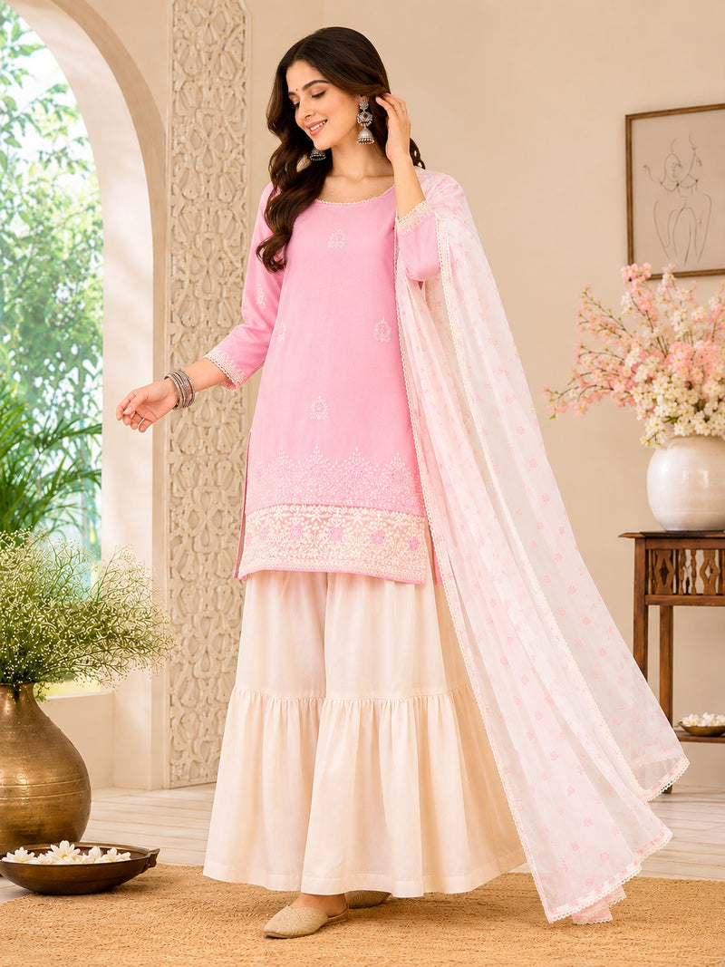 Pink Cotton Satin Sharara Suit Set