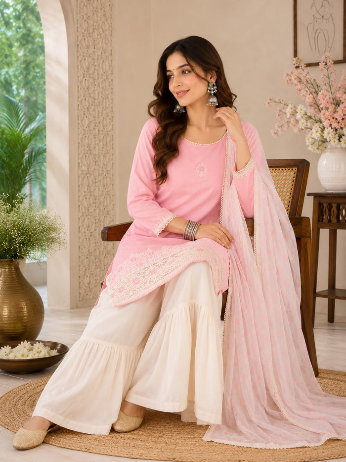 Pink Cotton Satin Sharara Suit Set