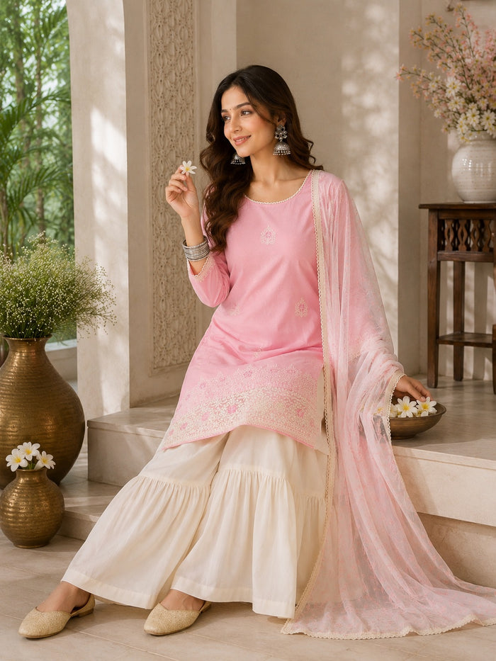 Pink Cotton Satin Sharara Suit Set