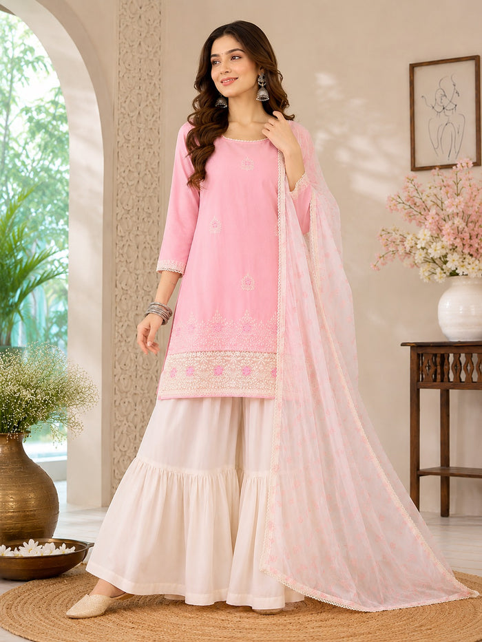 Pink Cotton Satin Sharara Suit Set