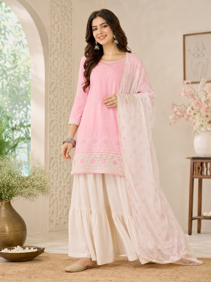 Pink Cotton Satin Sharara Suit Set